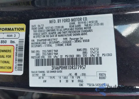 2013 Ford Fusion Se из США, поврежденный, VIN 3FA6P0HR1DR377957